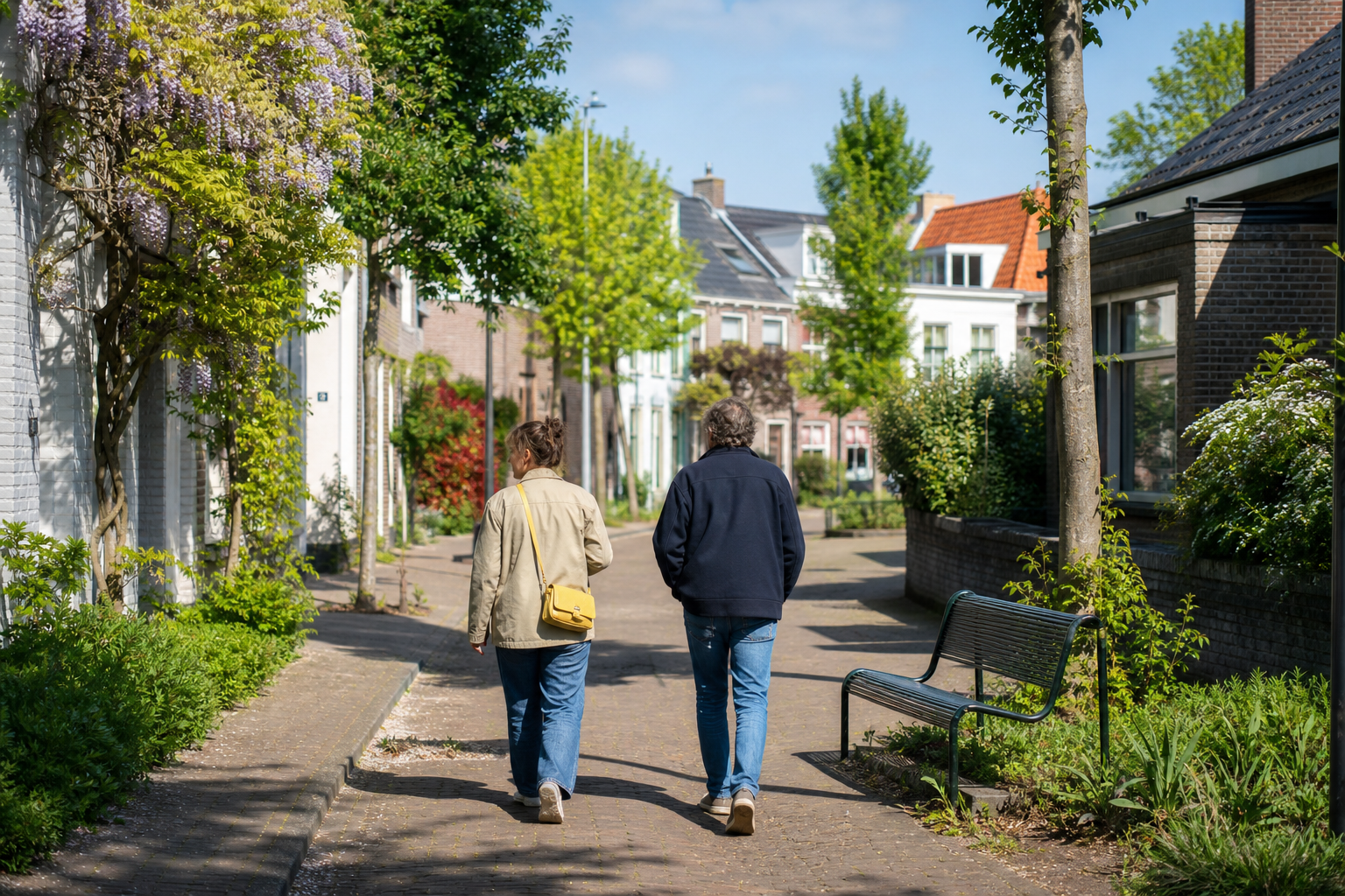 Twee mensen wandelen door een groene straat met een bankje