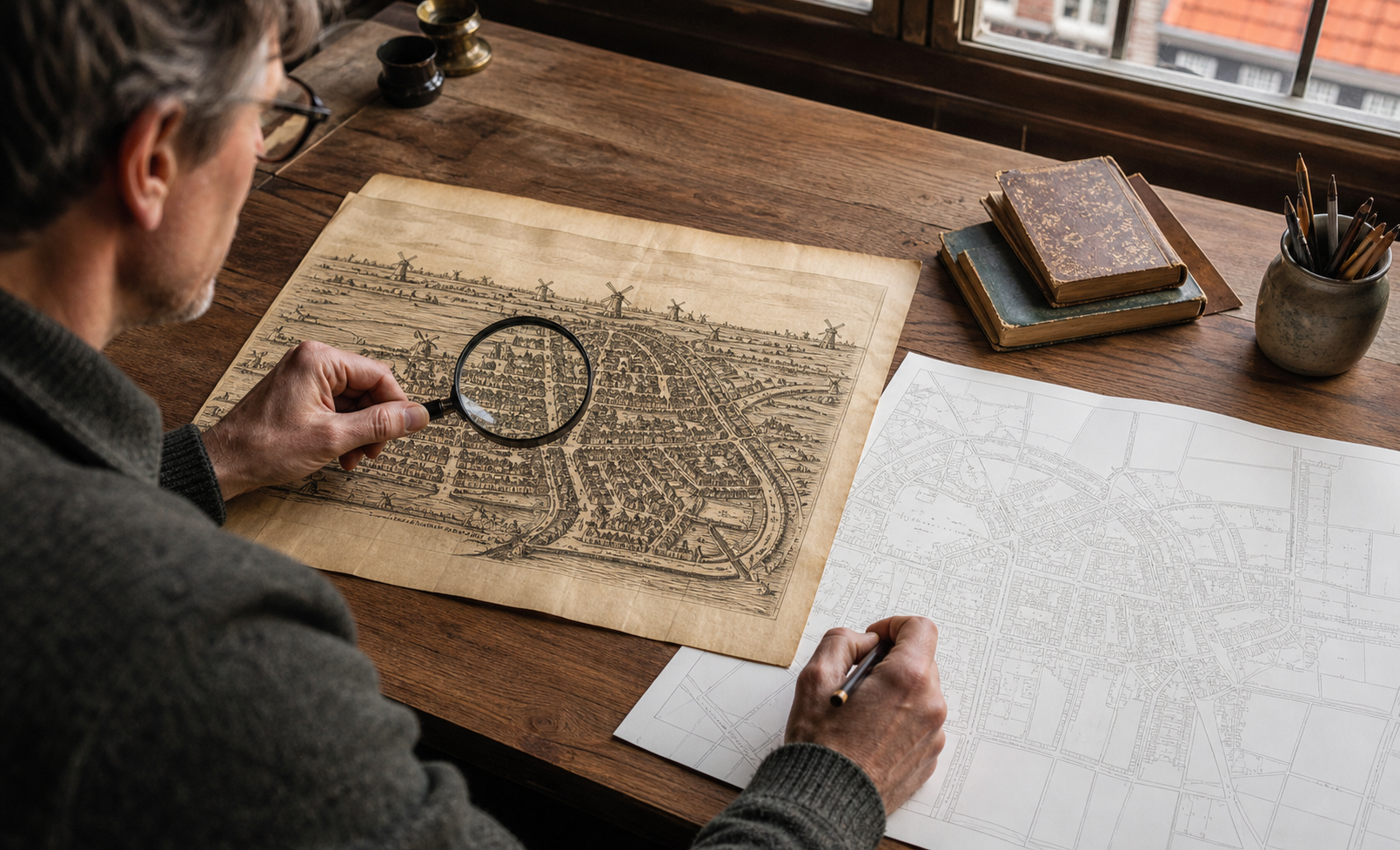 Handen vergelijken een oude historische kaart met een moderne kaart aan een houten tafel