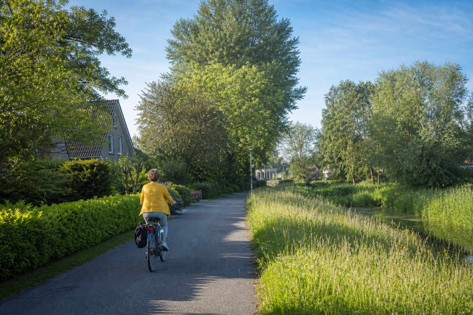 Fietser op een rustig groen pad langs woningen en water