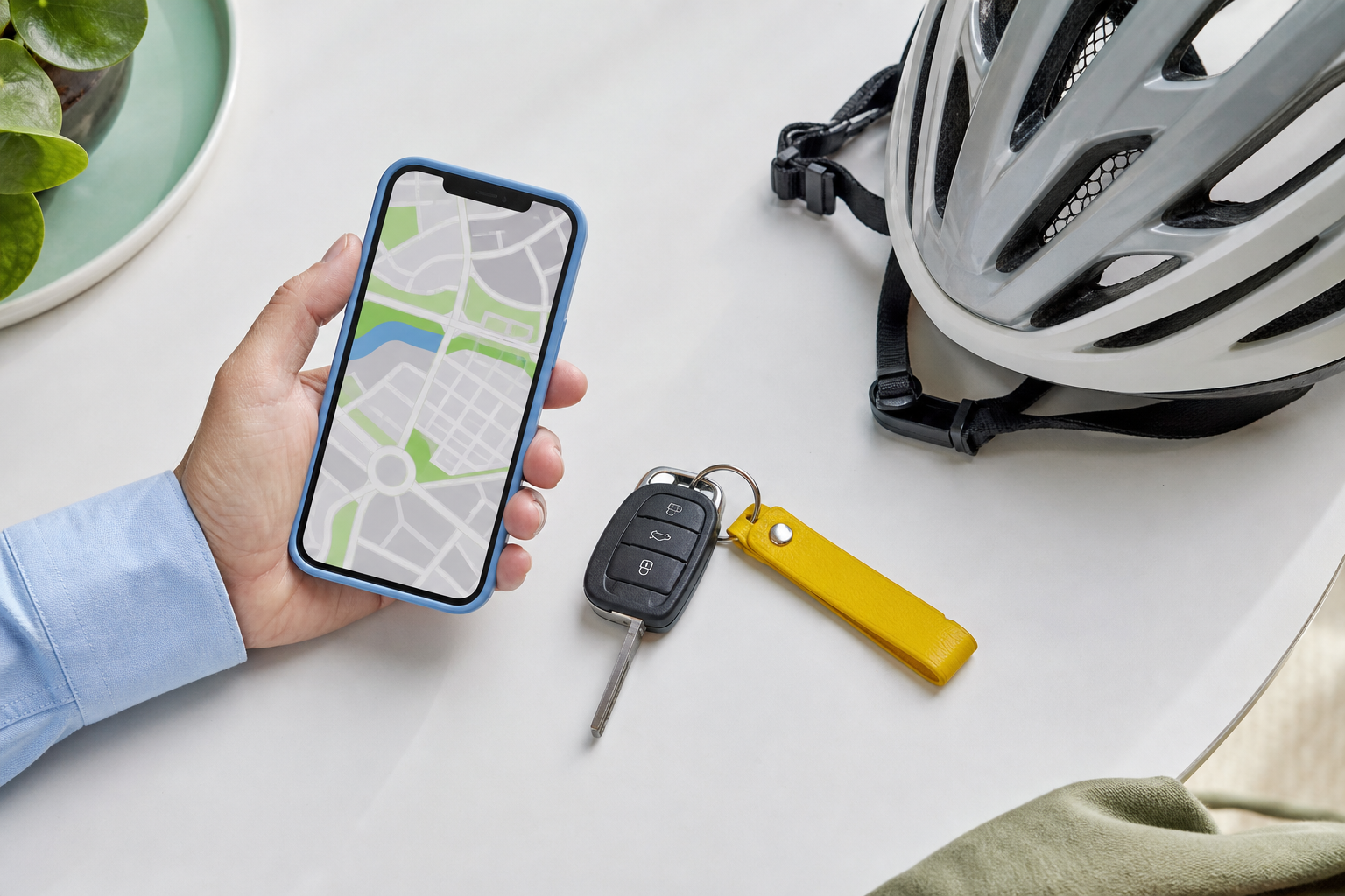 Telefoon met eenvoudige kaart naast autosleutel en fietshelm